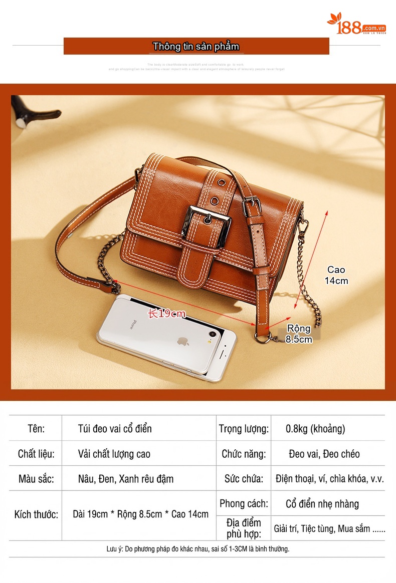 Túi Đeo Vai Nữ Da Thật Phom Vuông Nhỏ Màu Nâu, Đen chi tiết 8