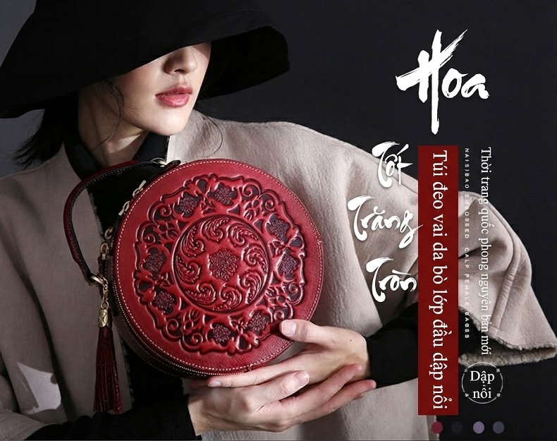 Túi Đeo Vai Nữ Da Thật Phong Cách Cổ Điển Hình Tròn Màu Đỏ, Đen chi tiết 2