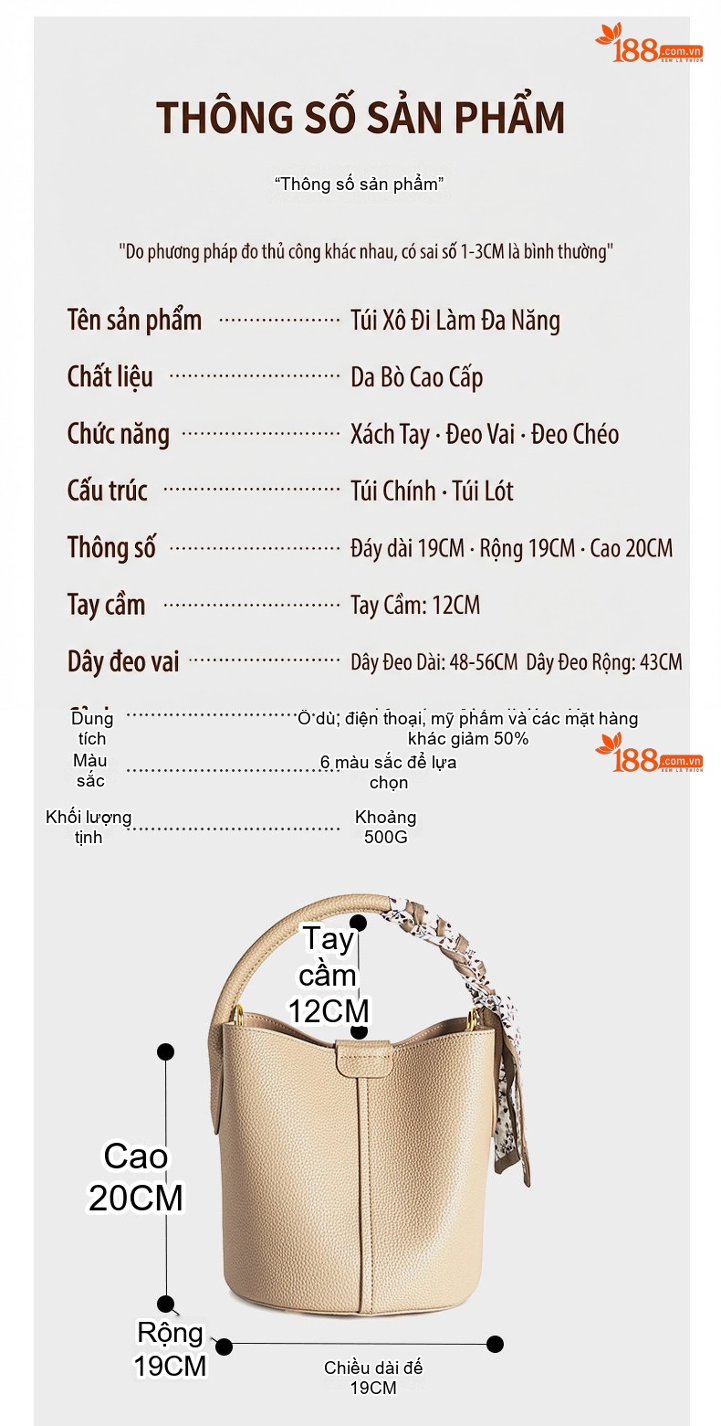 Túi Đeo Vai Nữ Da Thật Thiết Kế Bucket Thời Trang Dung Tích Lớn Màu Kem, Trắng, Nâu chi tiết 3
