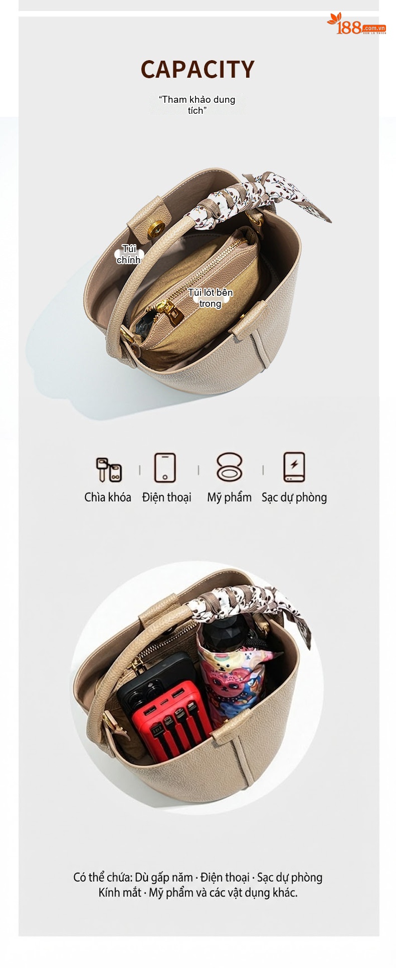 Túi Đeo Vai Nữ Da Thật Thiết Kế Bucket Thời Trang Dung Tích Lớn Màu Kem, Trắng, Nâu chi tiết 4