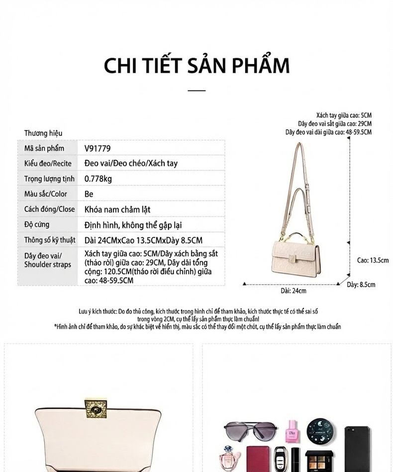 Túi Đeo Vai Nữ Da Thật Thiết Kế Chữ Nhật Quai Xách Tay Dây Xích Màu Trắng Kem chi tiết 1