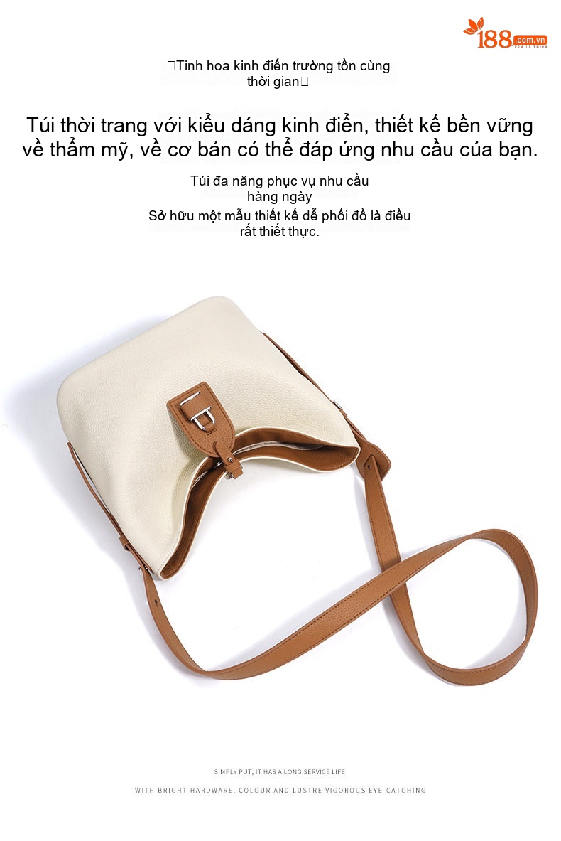 Túi Đeo Vai Nữ Da Thật Thiết Kế Độc Đáo, Túi Xách Tay Hàng Ngày, Túi Bucket Lớn Đeo Chéo Màu Trắng Kem, Xám, Đen chi tiết 8