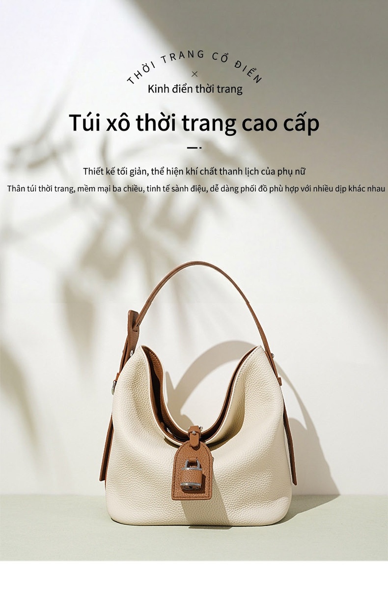 Túi Đeo Vai Nữ Da Thật Thiết Kế Độc Đáo, Túi Xách Tay Hàng Ngày, Túi Bucket Lớn Đeo Chéo Màu Trắng Kem, Xám, Đen chi tiết 2
