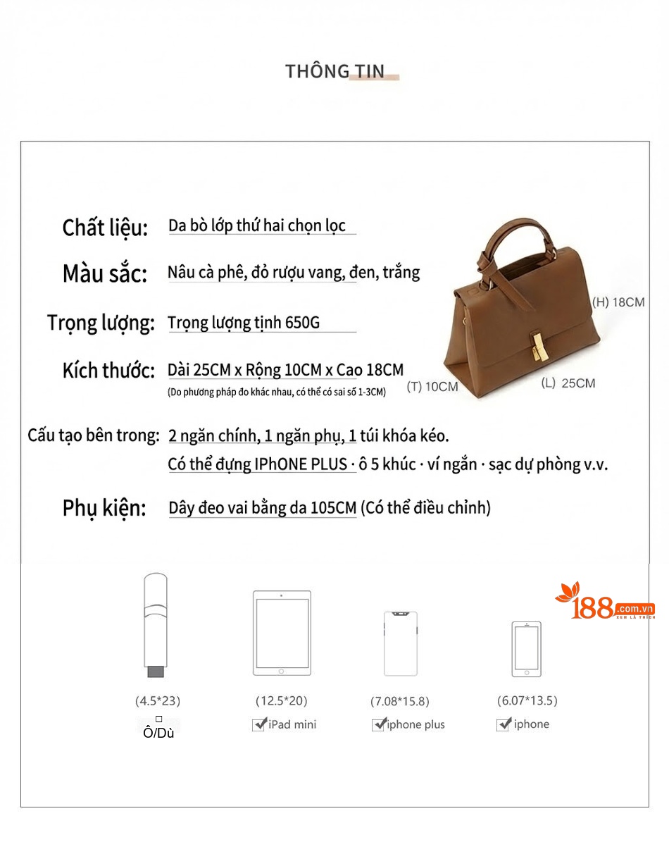 Túi Đeo Vai Nữ Da Thật Thiết Kế Nhỏ Gọn, Thời Trang Màu Nâu, Trắng chi tiết 3