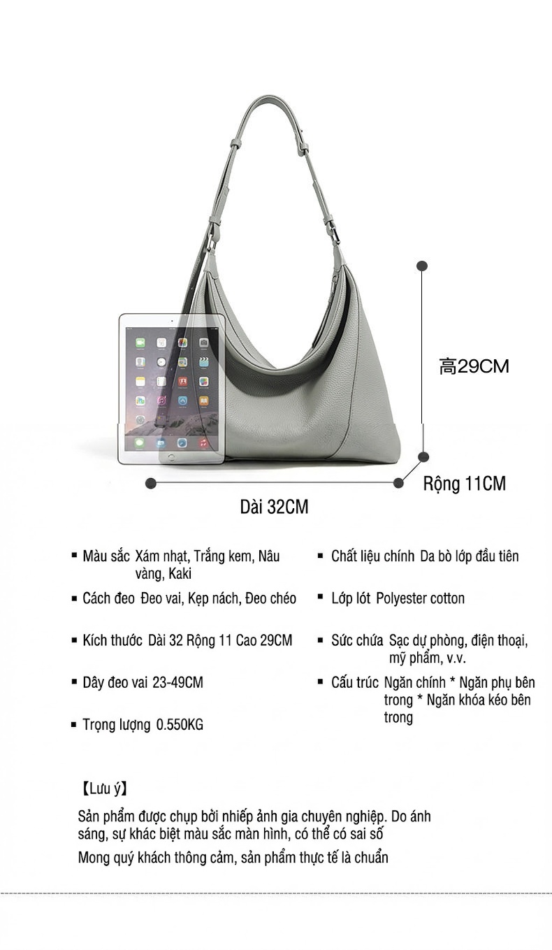 Túi Đeo Vai Nữ Da Thật Thiết Kế Tối Giản Màu Kem, Xám, Nâu chi tiết 7