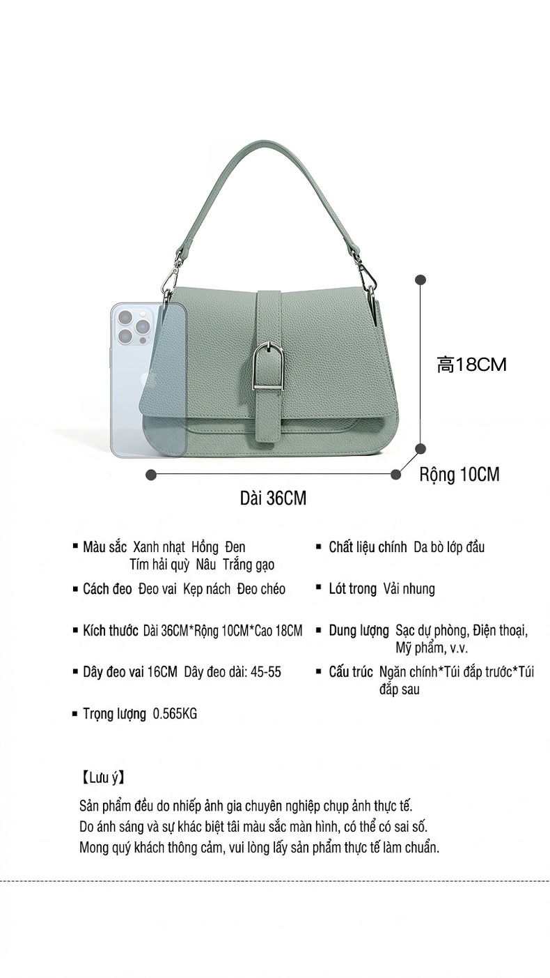 Túi Đeo Vai Nữ Da Thật Thiết Kế Tối Giản Màu Trắng, Đen, Xanh, Hồng chi tiết 6