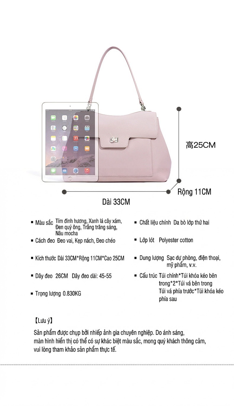 Túi Đeo Vai Nữ Da Thật Thiết Kế Tối Giản Phong Cách Công Sở Sức Chứa Lớn Màu Nâu, Tím, Trắng Kem... chi tiết 6