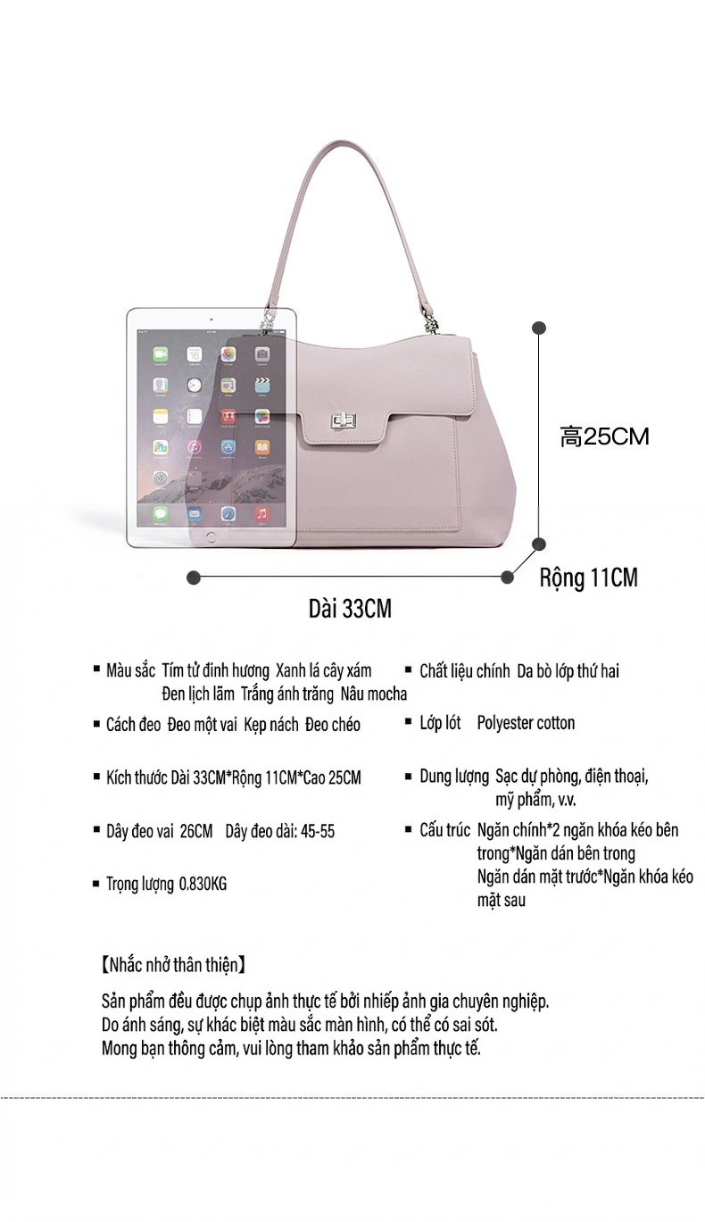 Túi Đeo Vai Nữ Da Thật Thiết Kế Tối Giản Phong Cách Công Sở Sức Chứa Lớn Màu Nâu, Tím, Trắng Kem... chi tiết 19