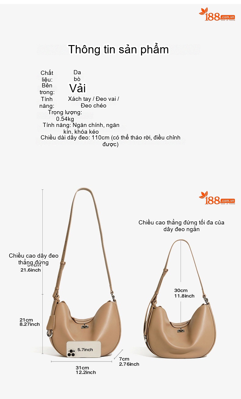Túi Đeo Vai Nữ Da Thật Thiết Kế Trăng Lưỡi Liềm Phong Cách Hàn Quốc Màu Be chi tiết 6