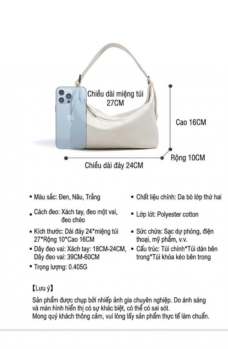 Túi Đeo Vai Nữ Da Thật Tối Giản Phong Cách Hàn Quốc Màu Trắng Kem, Nâu chi tiết 8