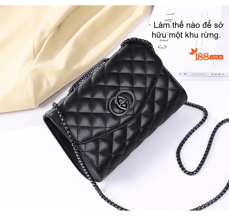 Túi Đeo Vai Nữ Da Thật Trám Ô Dây Xích Phong Cách Tiểu Thư Màu Đen chi tiết 9