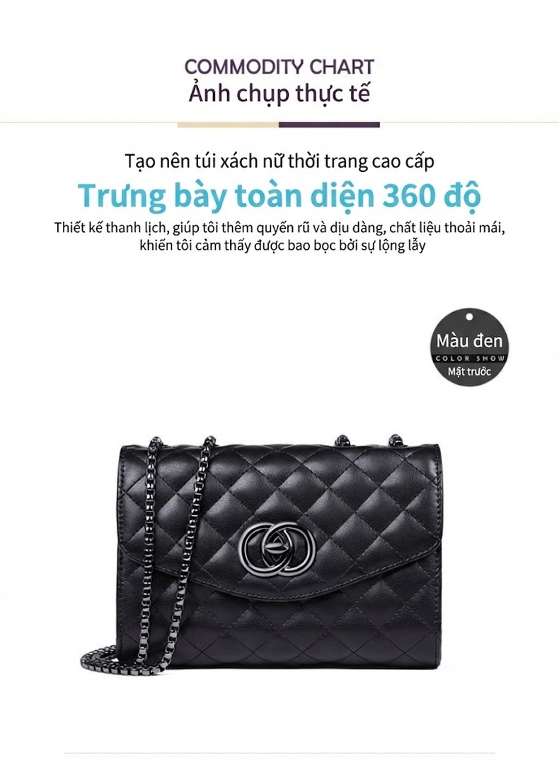 Túi Đeo Vai Nữ Da Thật Trám Ô Dây Xích Phong Cách Tiểu Thư Màu Đen chi tiết 12