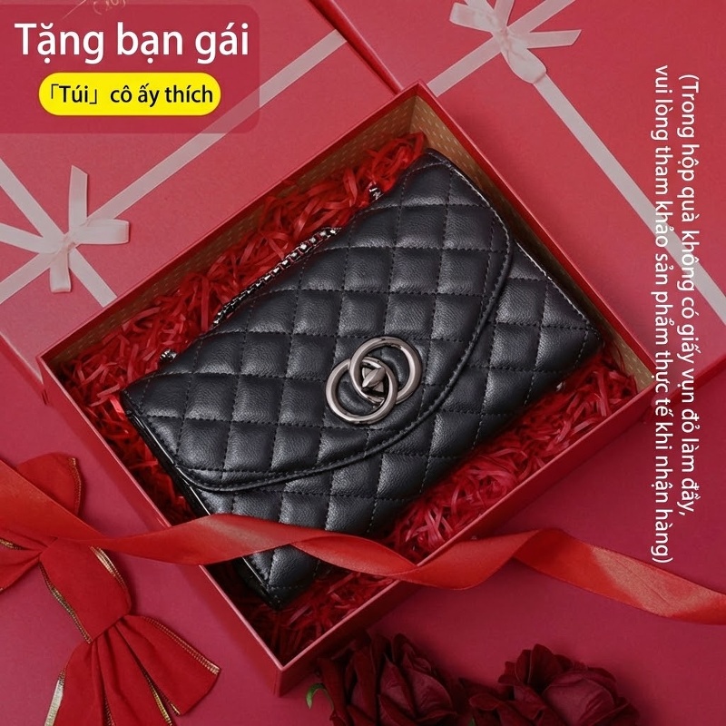 Túi Đeo Vai Nữ Da Thật Trám Ô Dây Xích Phong Cách Tiểu Thư Màu Đen