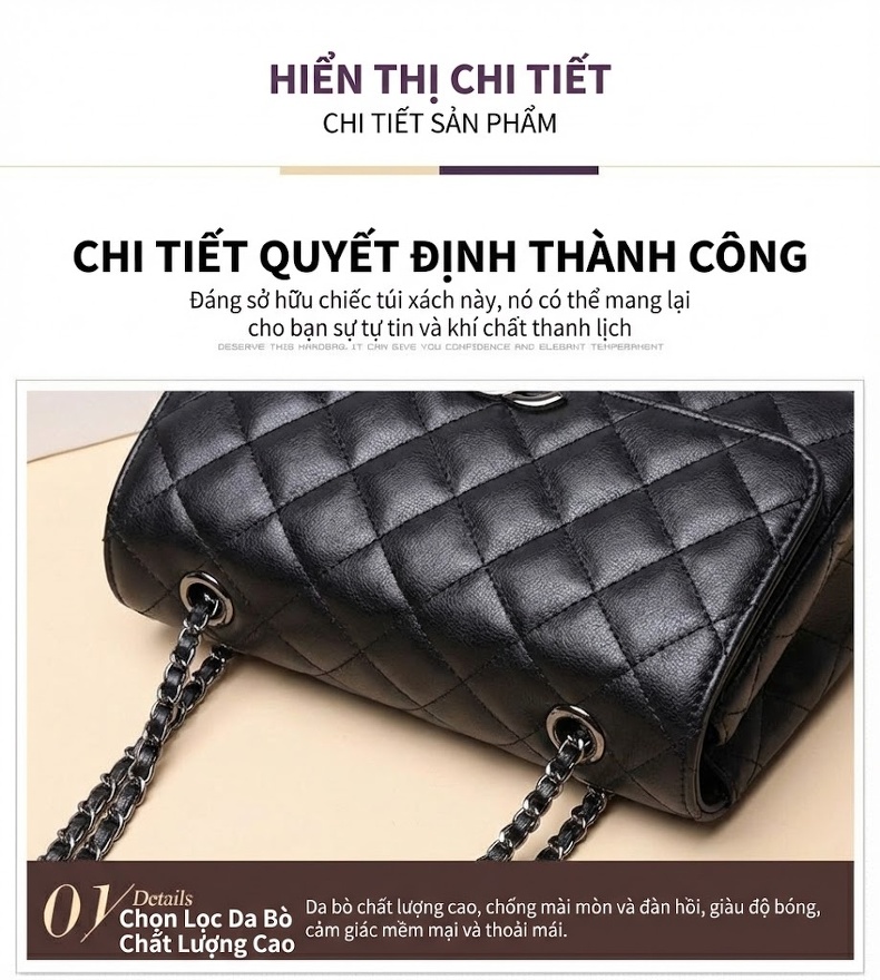 Túi Đeo Vai Nữ Da Thật Trám Ô Dây Xích Phong Cách Tiểu Thư Màu Đen chi tiết 16