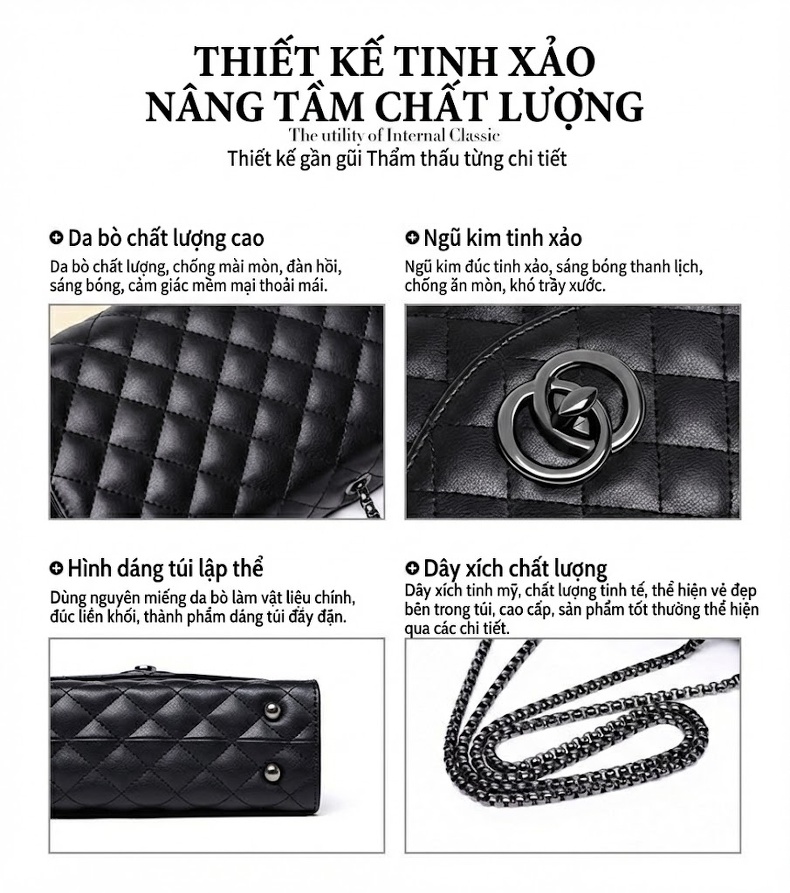 Túi Đeo Vai Nữ Da Thật Trám Ô Dây Xích Phong Cách Tiểu Thư Màu Đen chi tiết 19