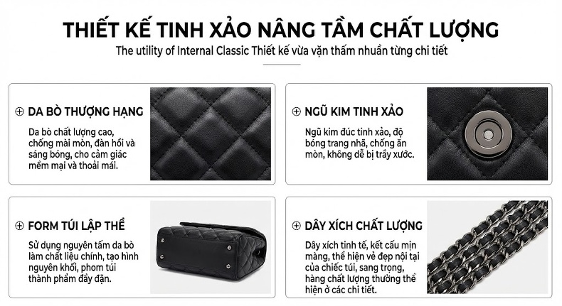 Túi Đeo Vai Nữ Da Thật Trám Ô Khâu Tay Dây Xích Phong Cách Tiểu Thư Màu Đen chi tiết 23