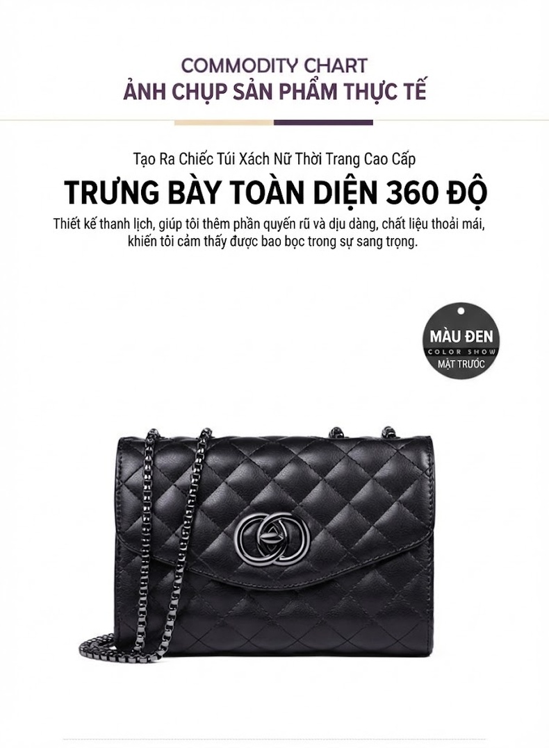 Túi Đeo Vai Nữ Da Thật Trám Ô Khâu Tay Dây Xích Phong Cách Tiểu Thư Màu Đen chi tiết 12