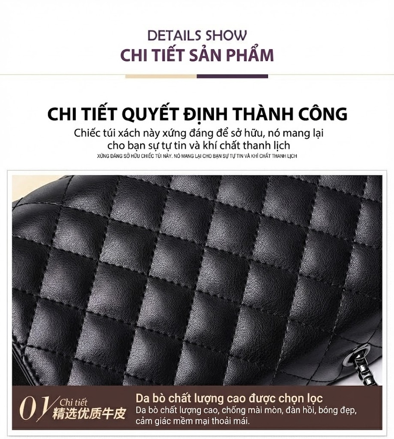 Túi Đeo Vai Nữ Da Thật Trám Ô Khâu Tay Dây Xích Phong Cách Tiểu Thư Màu Đen chi tiết 20
