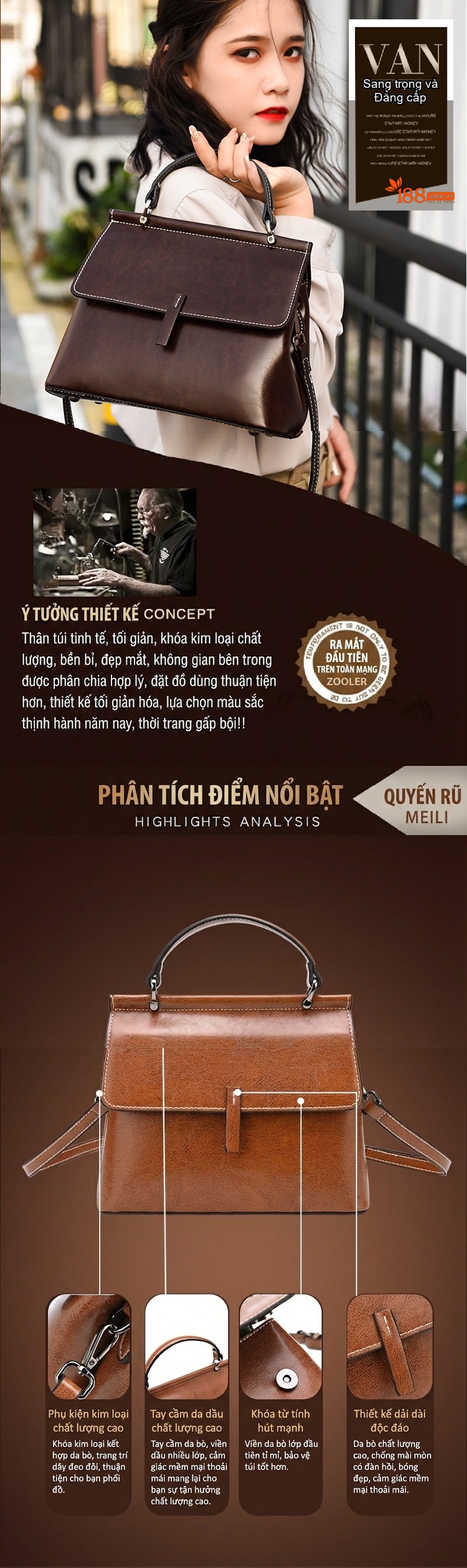 Túi Đeo Vai Nữ Da Thật, Túi Xách Tay Nữ Da Thật, Túi Đeo Chéo Nữ Da Thật, Dung Tích Lớn Màu Nâu chi tiết 4