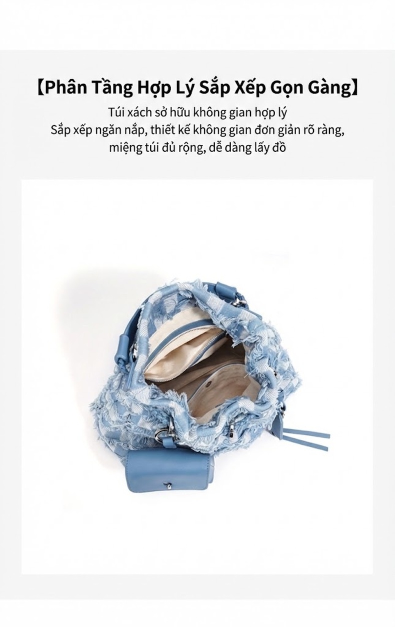 Túi Đeo Vai Nữ Da Thật Vải Denim Màu Xanh Dương, Nâu chi tiết 8