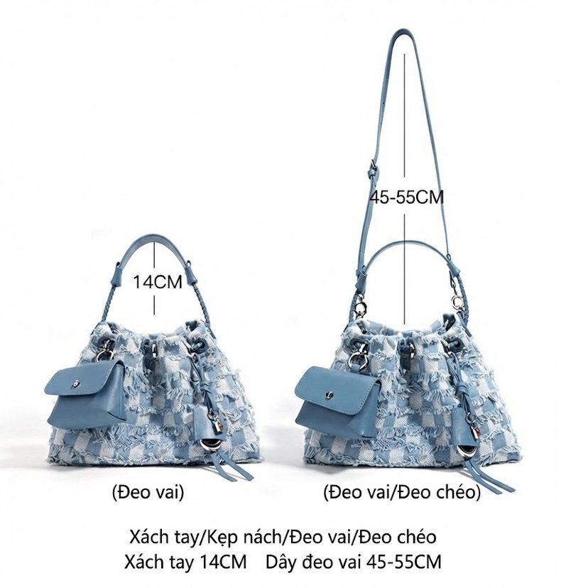 Túi Đeo Vai Nữ Da Thật Vải Denim Màu Xanh Dương, Nâu chi tiết 9