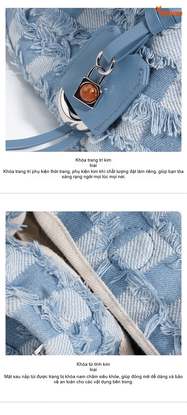 Túi Đeo Vai Nữ Da Thật Vải Denim Màu Xanh Dương, Nâu chi tiết 12