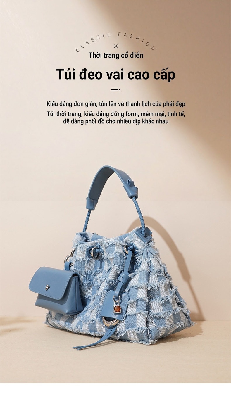Túi Đeo Vai Nữ Da Thật Vải Denim Màu Xanh Dương, Nâu chi tiết 1