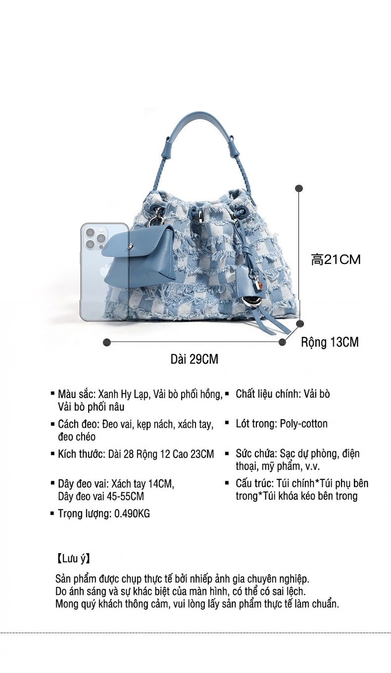 Túi Đeo Vai Nữ Da Thật Vải Denim Màu Xanh Dương, Nâu chi tiết 7