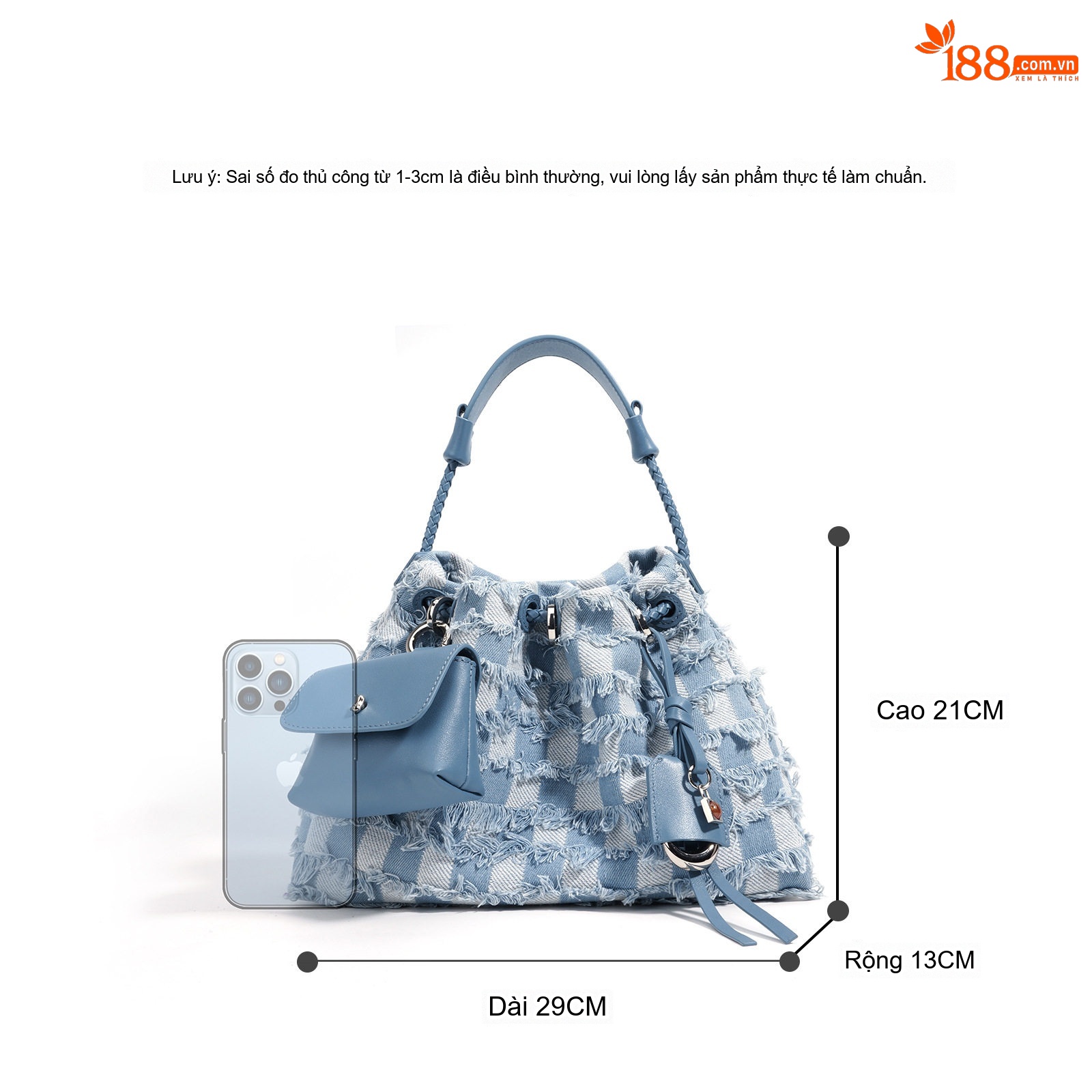 Túi Đeo Vai Nữ Da Thật Vải Denim Màu Xanh Dương, Nâu