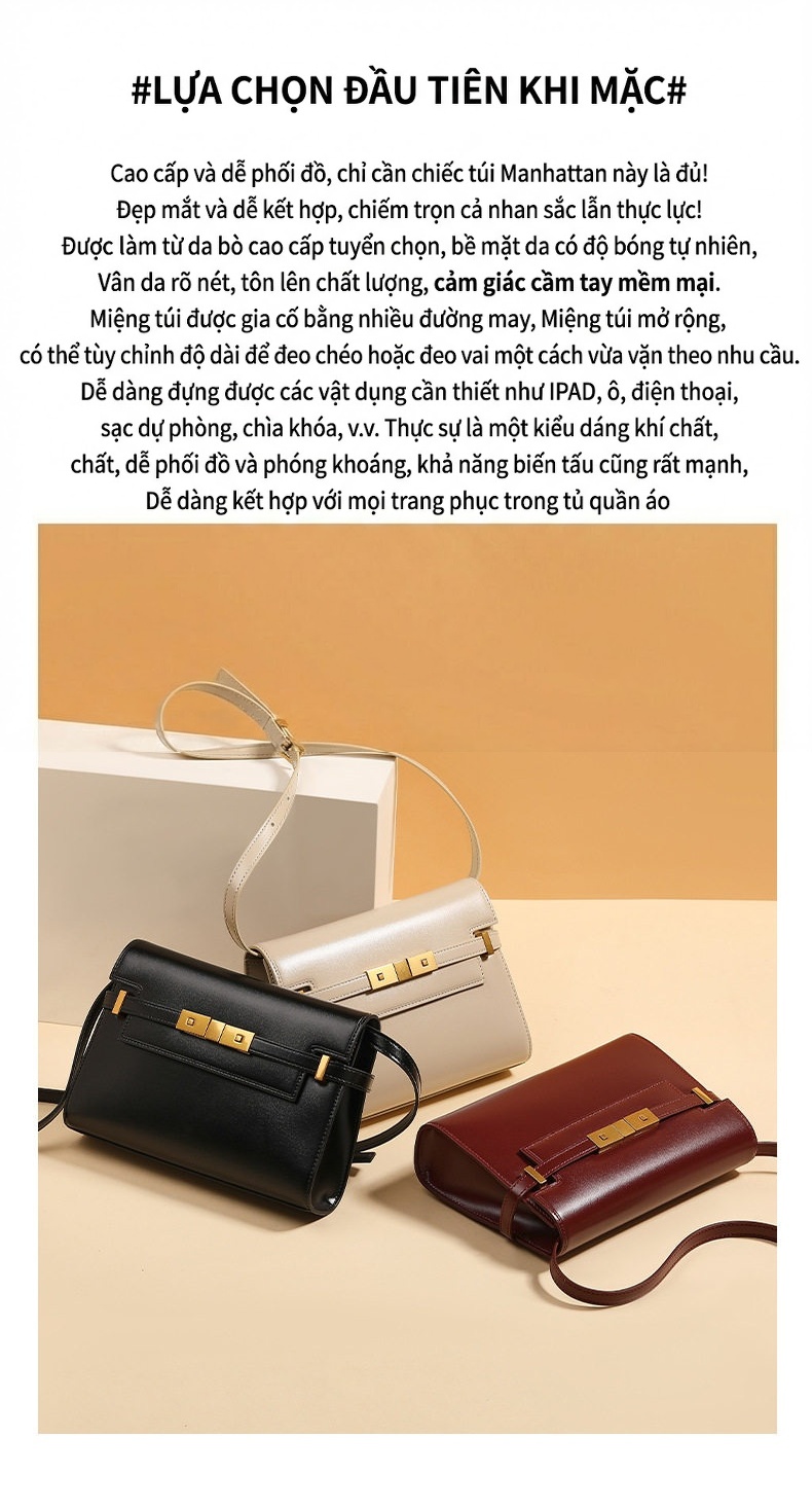 Túi Đeo Vai Nữ Da Thật Vân Cá Sấu Manhattan Kelly Bag Phong Cách Retro Màu Đen chi tiết 7