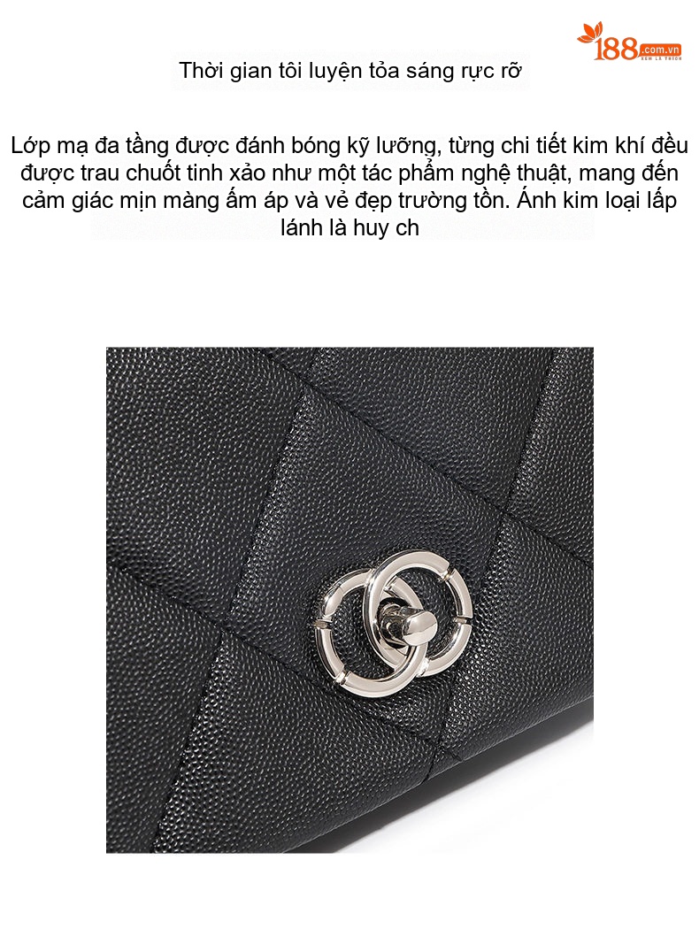 Túi Đeo Vai Nữ Da Thật Vân Caviar Trám Chéo Dây Xích Phong Cách Tiểu Thư Màu Đen, Trắng chi tiết 4