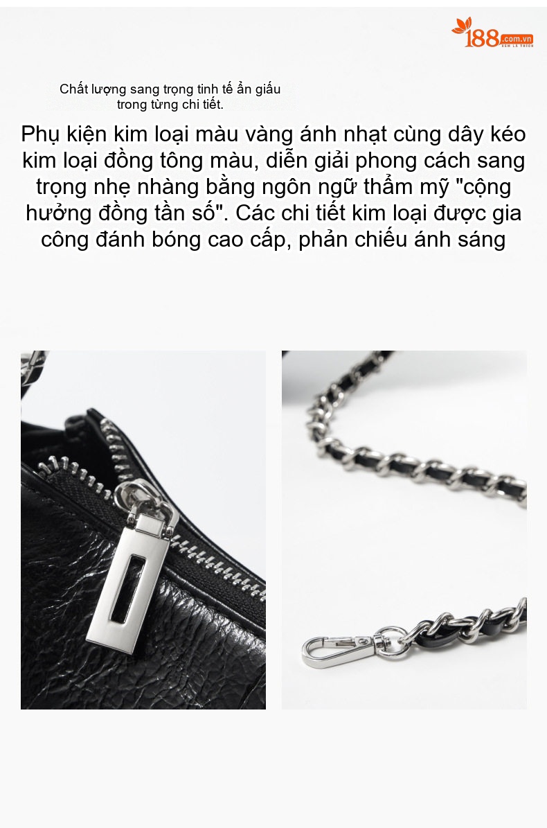 Túi Đeo Vai Nữ Da Thật Vân Nứt Kiểu Bánh Bao Quai Xích Màu Đen, Trắng chi tiết 7