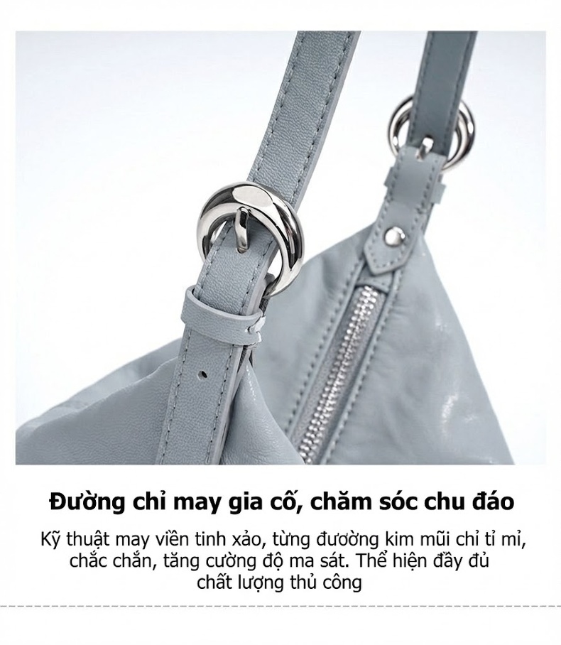 Túi Đeo Vai Nữ Da Thật Vân Tay Mềm Mại Thiết Kế Tối Giản Màu Xanh, Kem, Đen chi tiết 12