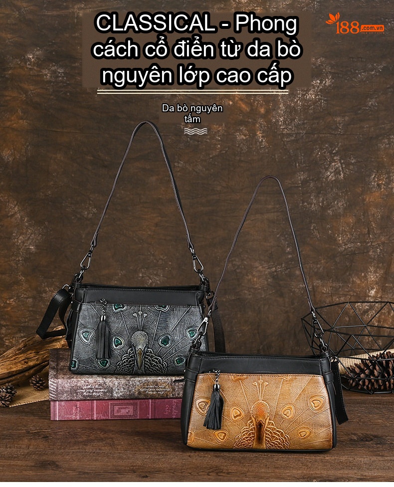 Túi Đeo Vai Nữ Da Thật Vintage Kiểu Túi Xách Tay Quai Đeo Vai Da Bò Màu Đen, Nâu chi tiết 1
