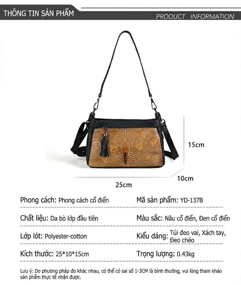 Túi Đeo Vai Nữ Da Thật Vintage Kiểu Túi Xách Tay Quai Đeo Vai Da Bò Màu Đen, Nâu chi tiết 3