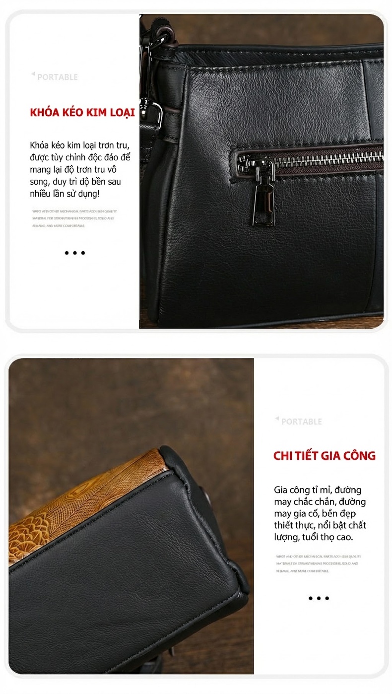 Túi Đeo Vai Nữ Da Thật Vintage Kiểu Túi Xách Tay Quai Đeo Vai Da Bò Màu Đen, Nâu chi tiết 11