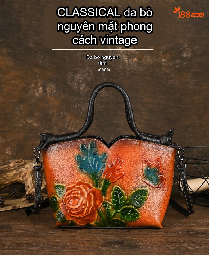 Túi Đeo Vai Nữ Da Thật Vintage Thủ Công Màu Nâu chi tiết 1