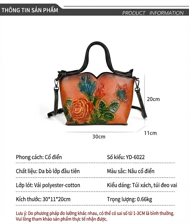 Túi Đeo Vai Nữ Da Thật Vintage Thủ Công Màu Nâu chi tiết 3