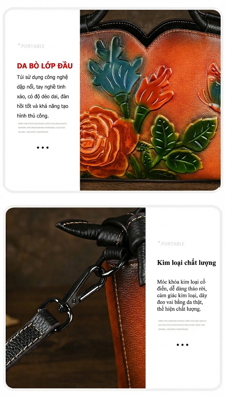 Túi Đeo Vai Nữ Da Thật Vintage Thủ Công Màu Nâu chi tiết 10
