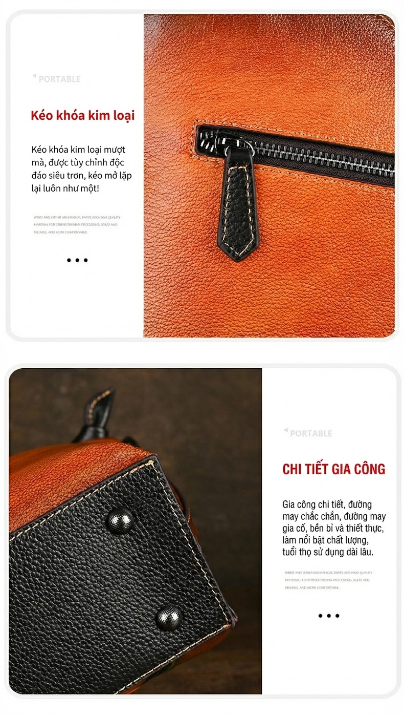 Túi Đeo Vai Nữ Da Thật Vintage Thủ Công Màu Nâu chi tiết 11