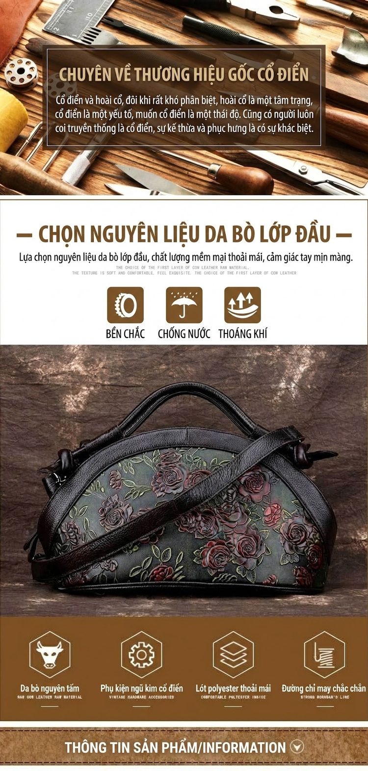 Túi Đeo Vai Nữ Da Thật Vintage, Túi Xách Tay, Túi Đeo Chéo Thiết Kế Hoa Hồng Màu Nâu chi tiết 1