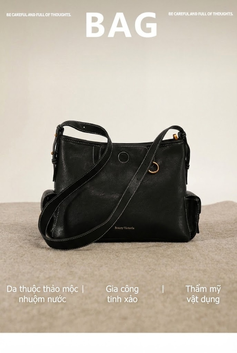 Túi Đeo Vai Nữ Da Thuần Chay Thiết Kế Tối Giản Phong Cách Vintage Màu Đen chi tiết 1