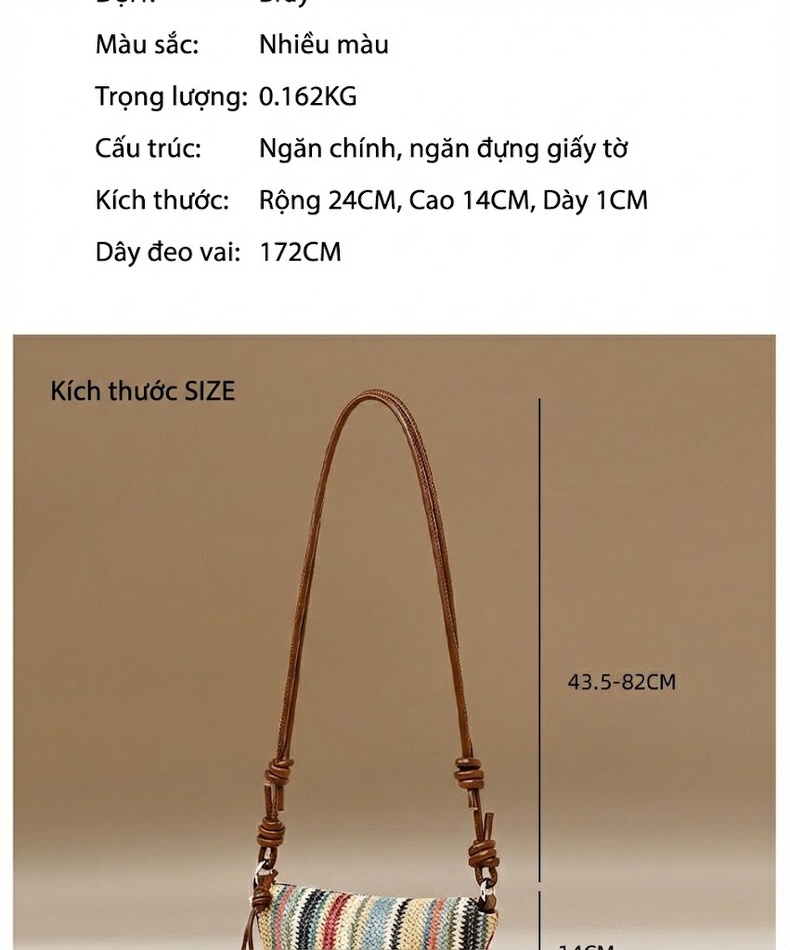 Túi Đeo Vai Nữ Đan Cói Dáng Bánh Bao Đeo Chéo Họa Tiết Sọc Màu chi tiết 4