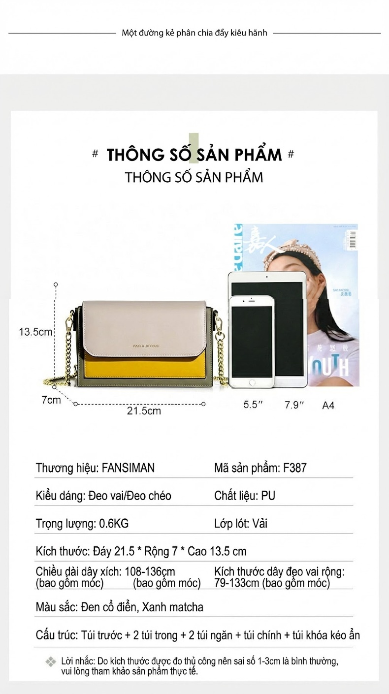 Túi Đeo Vai Nữ Dáng Hộp Nhỏ Dây Xích và Dây Bản Rộng Màu Kem, Vàng, Xám chi tiết 5