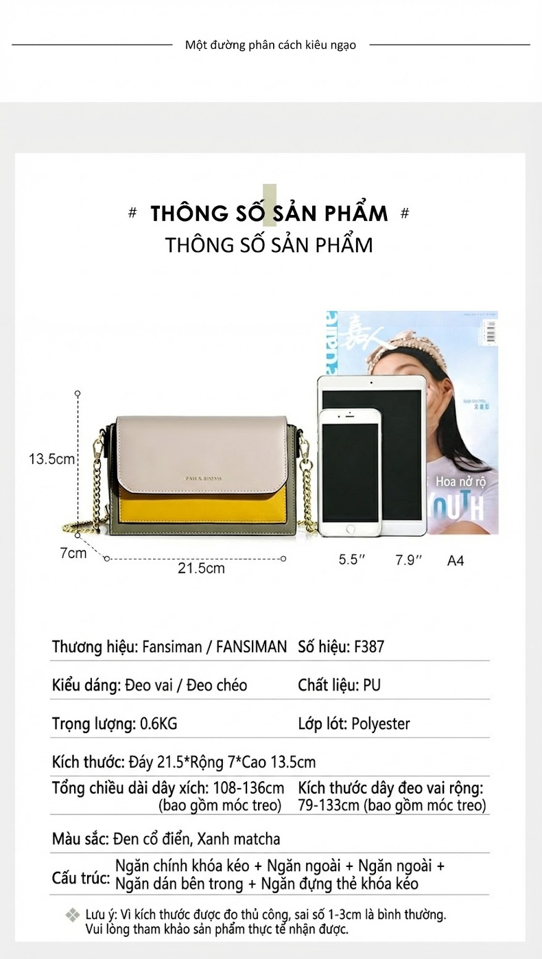 Túi Đeo Vai Nữ Dáng Hộp Nhỏ Dây Xích và Dây Bản Rộng Màu Kem, Vàng, Xám chi tiết 16