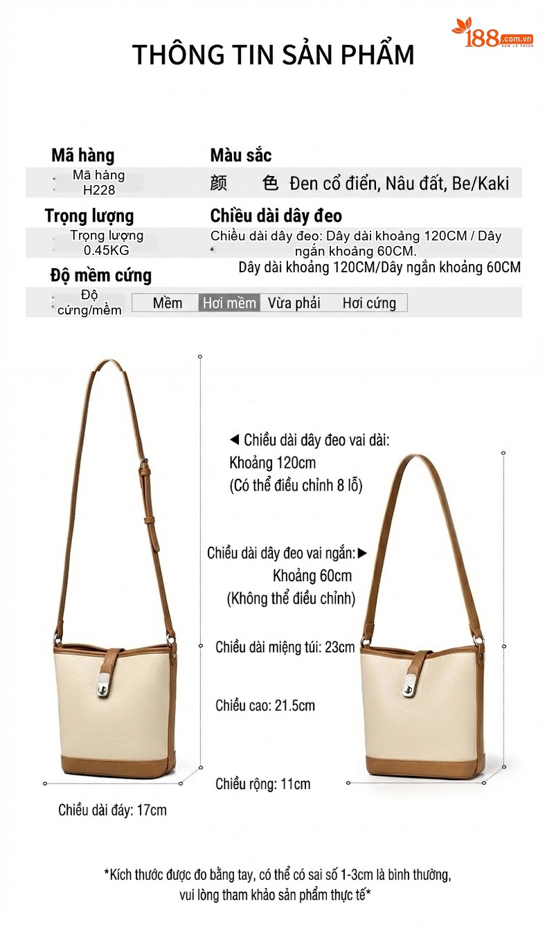 Túi Đeo Vai Nữ Dáng Xô Da Mờ, Túi Đeo Chéo Nữ Màu Kem, Nâu, Đen... chi tiết 2