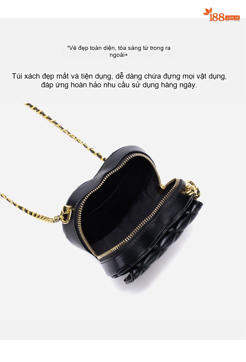 Túi Đeo Vai Nữ Hình Trái Tim Chần Trám Dây Xích Kim Loại Phong Cách Tiểu Thư Màu Đen, Trắng, Hồng chi tiết 5