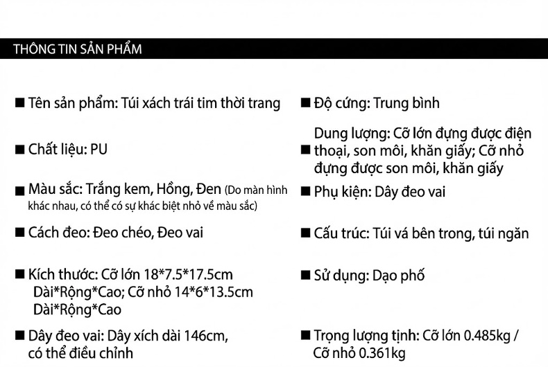 Túi Đeo Vai Nữ Hình Trái Tim Chần Trám Dây Xích Kim Loại Phong Cách Tiểu Thư Màu Đen, Trắng, Hồng chi tiết 8