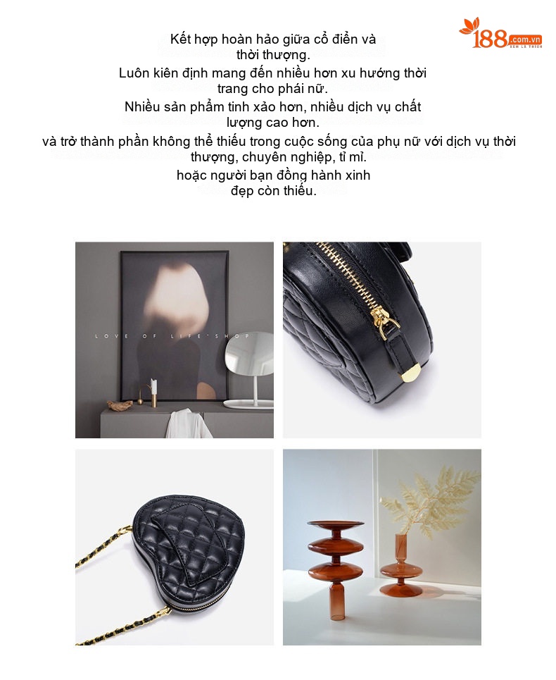 Túi Đeo Vai Nữ Hình Trái Tim Chần Trám Dây Xích Kim Loại Phong Cách Tiểu Thư Màu Đen, Trắng, Hồng chi tiết 10