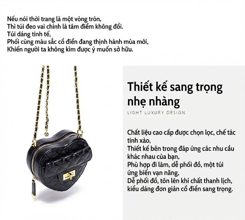 Túi Đeo Vai Nữ Hình Trái Tim Chần Trám Dây Xích Kim Loại Phong Cách Tiểu Thư Màu Đen, Trắng, Hồng chi tiết 25